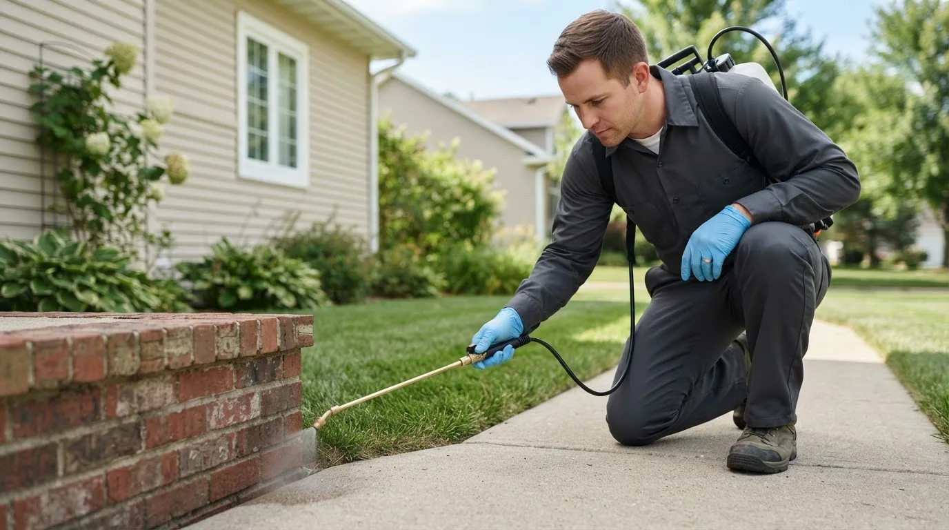 Pest control technician treating a home near Harrisville, NH