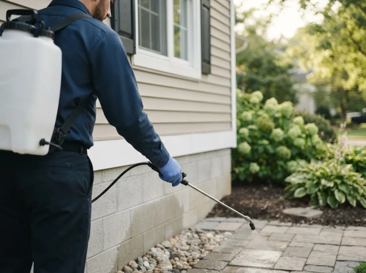Pest control technician inspecting a home in Harrisville, NH